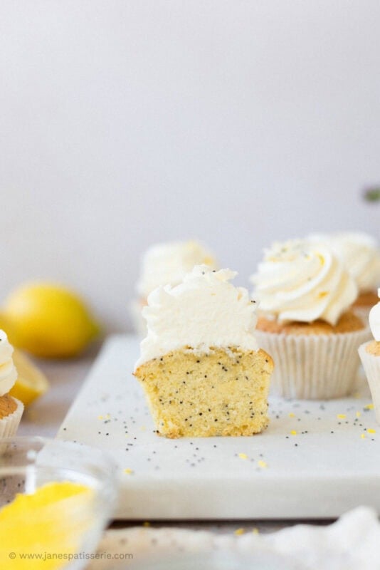 A lemon and poppyseed cupcake cut in half