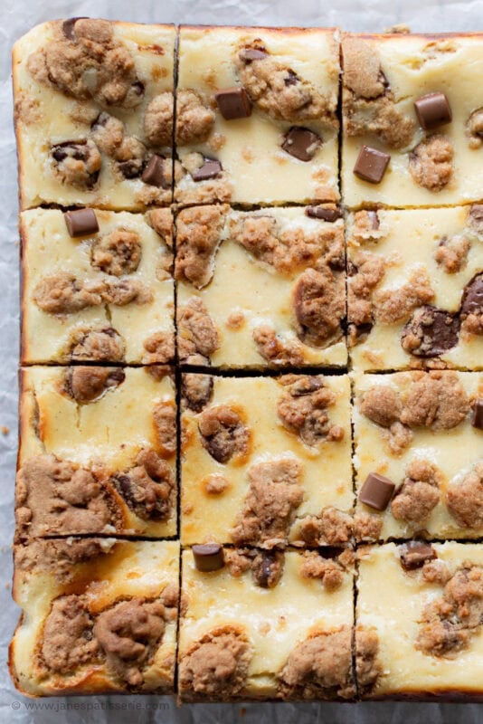 Top down shot of the tray of cheesecake cookie bars cut into 16