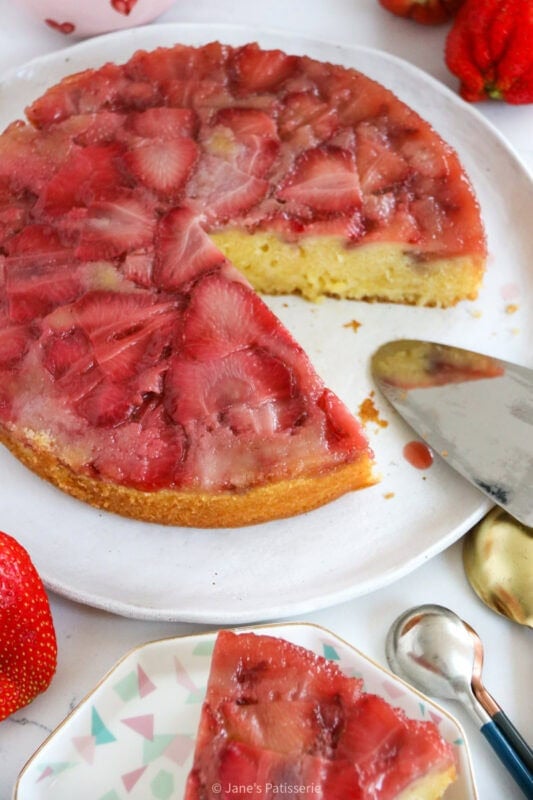 A missing slice of Strawberry Upside Down Cake.