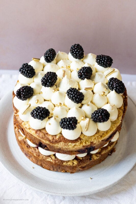 Top down view of apple blackberry crumble cake