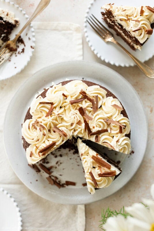 Slices removed from a Baileys cake and put on plates