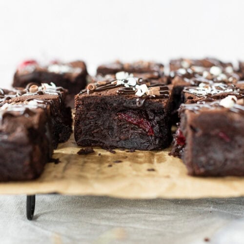 Cut black forest brownie slices on cooling tray