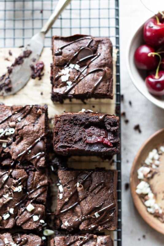 A black forest brownie turned on it's side