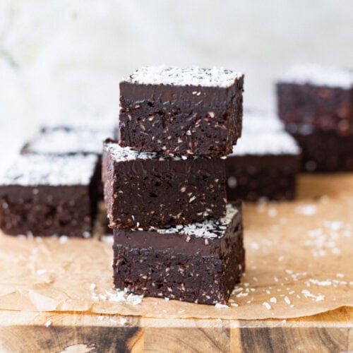 A stack of three coconut brownies