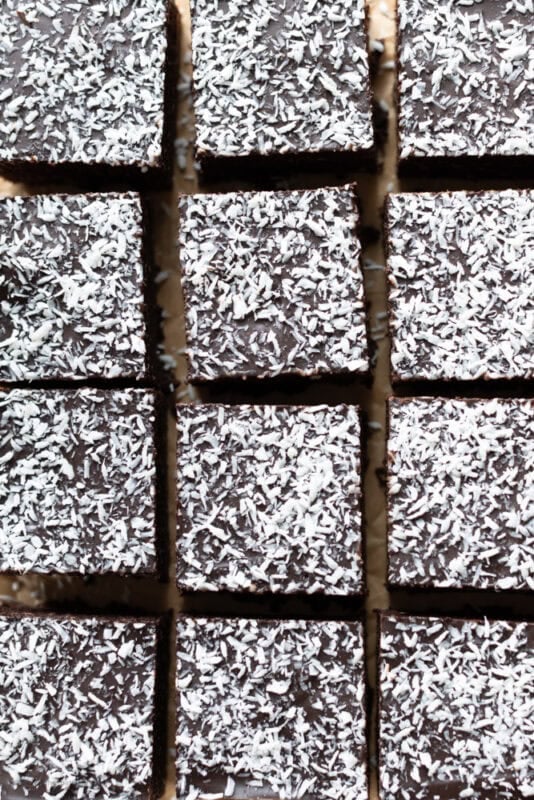 A set of 9x cut squares of coconut brownies