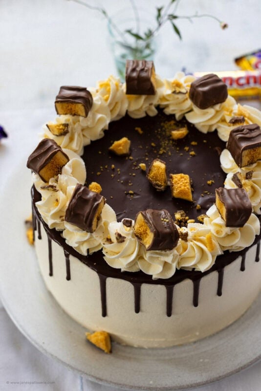 A top down shot of the Crunchie Drip Cake