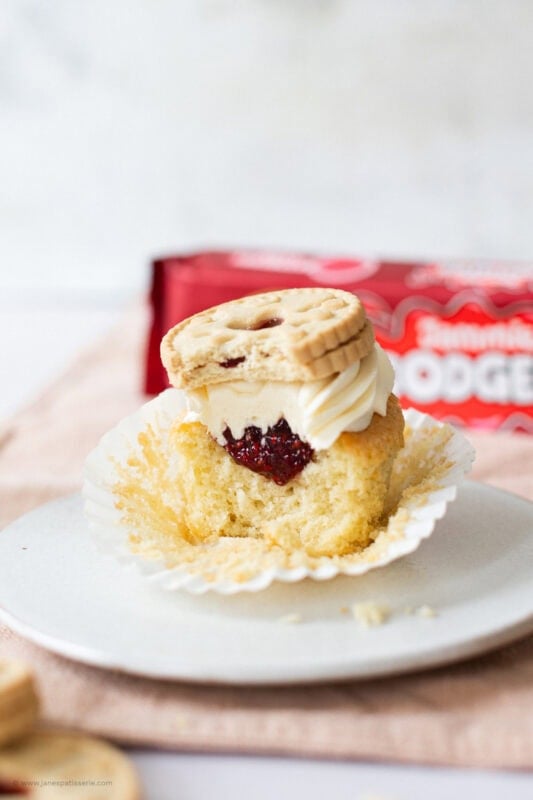 A bite taken from a Jammie Dodger Cupcake