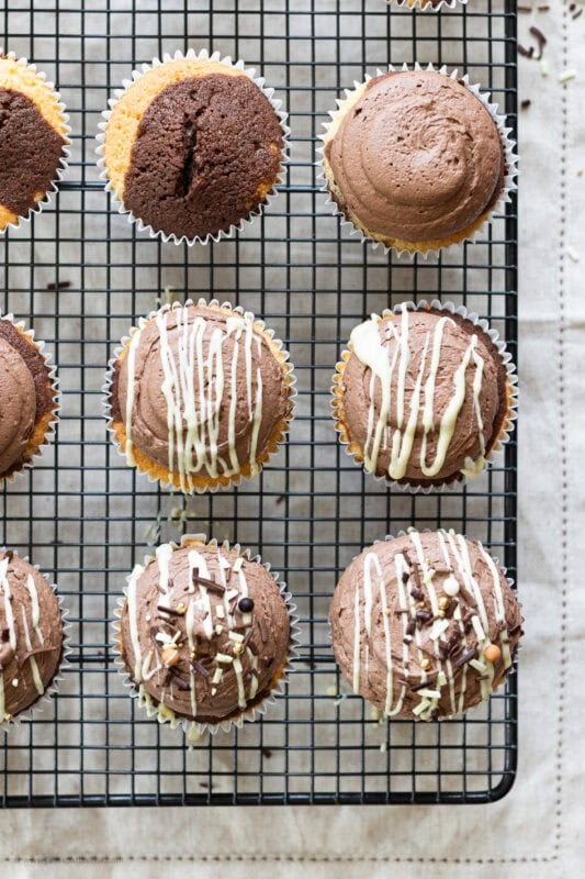 A cooling tray of marble cupcakes