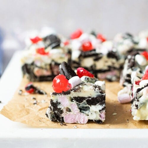 Slices of Oreo Rocky Road on a chopping board