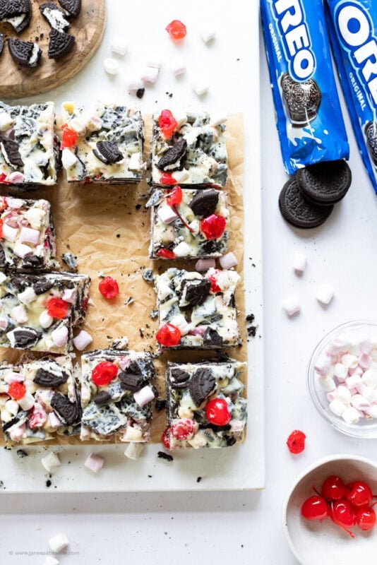 Slices of Oreo Rocky Road missing from the whole traybake
