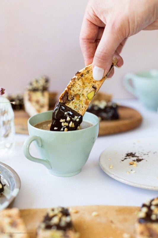 Dunking a Pistachio Hazelnut Chocolate Biscotti