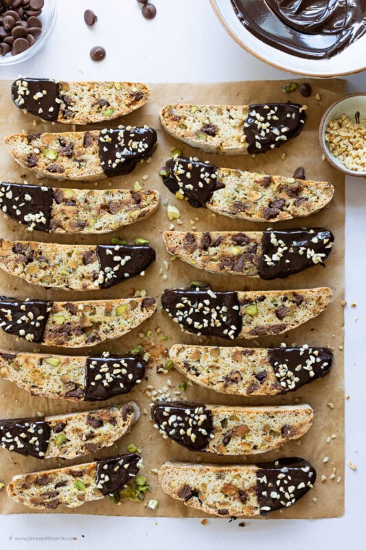 A tray of Pistachio Hazelnut Chocolate Biscotti