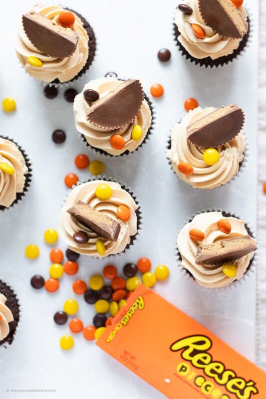 Reese's Peanut Butter Cupcakes decorated with the brand packaging