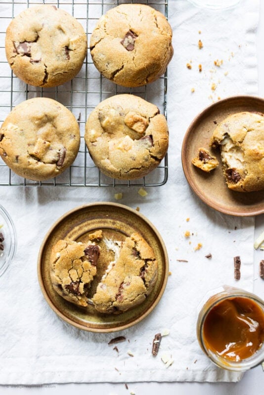 Salted Caramel Cheesecake Cookies on plates