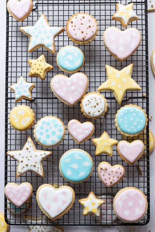 A baking tray of decorated Sugar Cookies