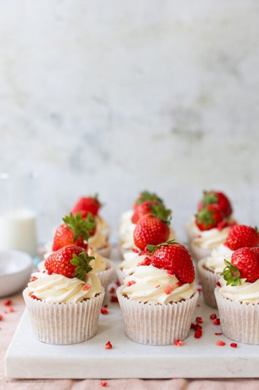 A collection of Wimbledon Strawberry Cupcakes