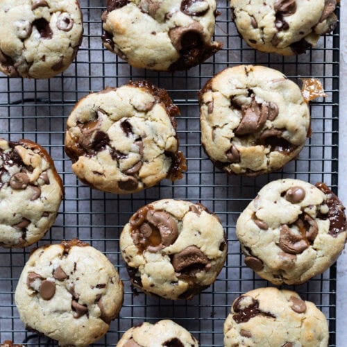 A baking tray of Rolo Cookies