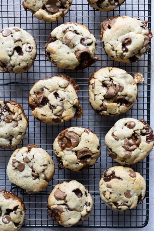 A baking tray of Rolo Cookies