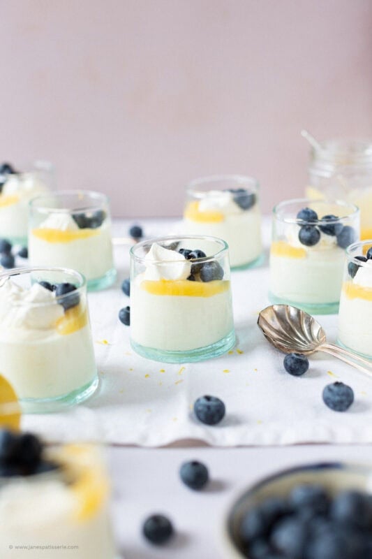 A large batch of Lemon Curd Mousse with blueberries