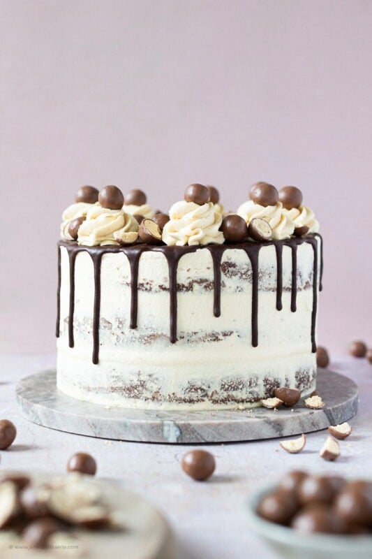 The full Malteser Drip Cake