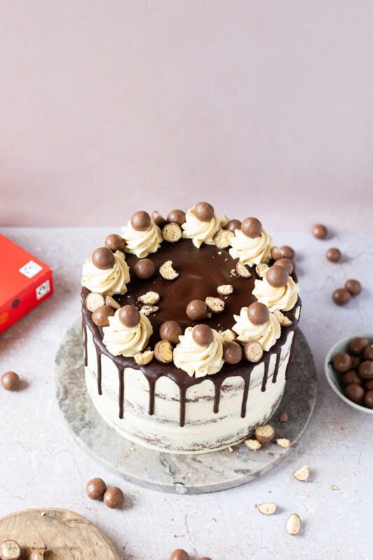 Top shot of the Malteser Drip Cake