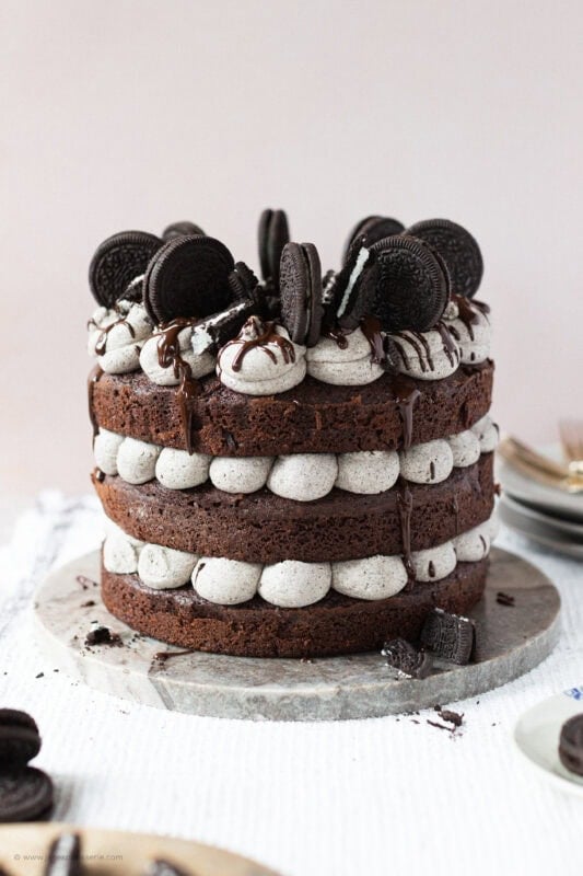 A whole Oreo Cake on a chopping board