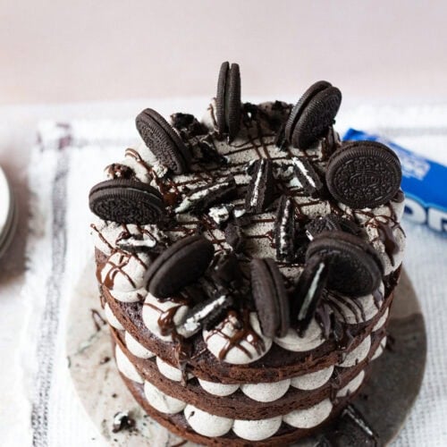 High shot of a Oreo Cake with Oreos decorating the top