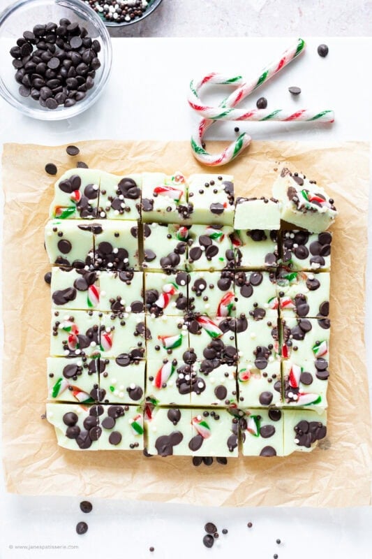 A set tray of Peppermint fudge on baking paper