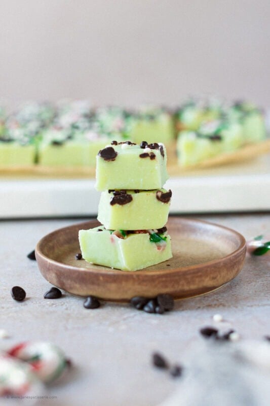 A stack of three Peppermint Fudge on a plate