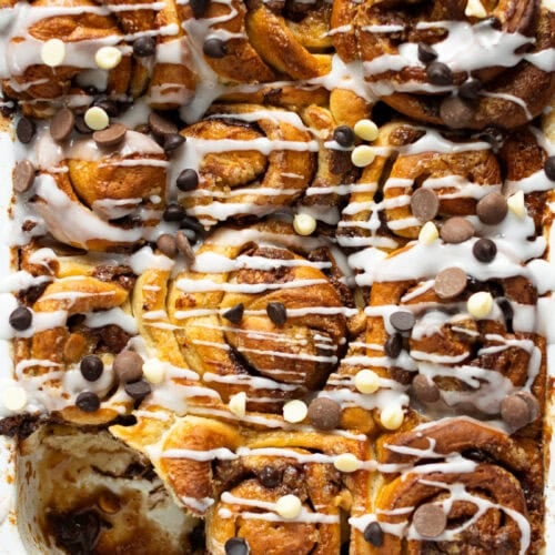 A close up of a tray of Sticky Chocolate Sweet Rolls