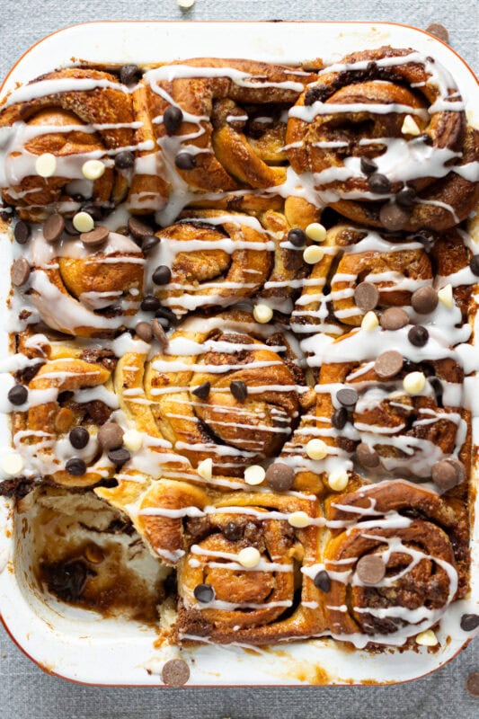 A close up of a tray of Sticky Chocolate Sweet Rolls