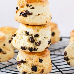 A stack of Fruit Scones on a wire rack