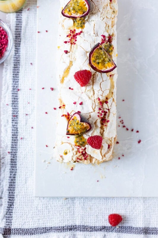 Top down shot of the cracks on a lemon meringue roulade