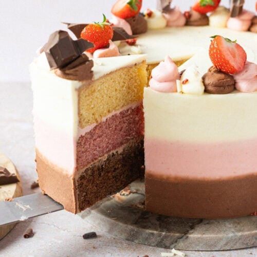 A slice bring removed from the whole Neapolitan Cake revealing the layered colours