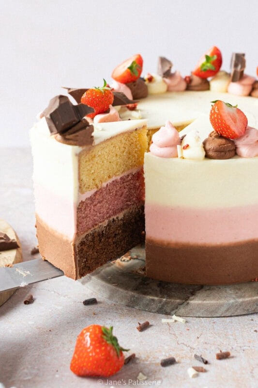 A slice bring removed from the whole Neapolitan Cake revealing the layered colours