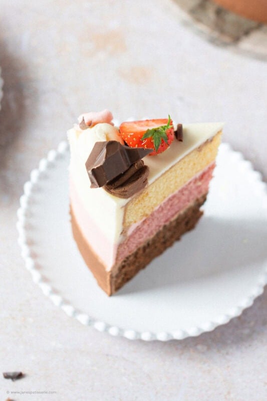 A slice of Neapolitan Cake on a white plate