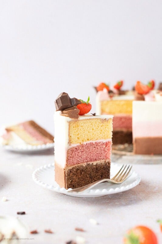 A slice of Neapolitan Cake on a white plate with a fork