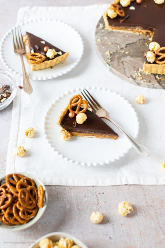 A plate and fork with a slice of Salted Caramel Tart