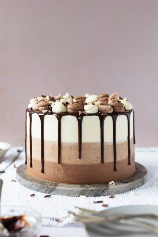 A side shot showing the drips on a Triple Chocolate Cake