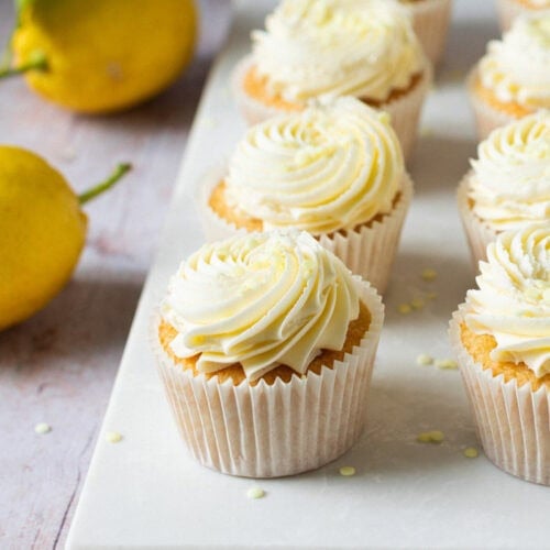 Lemon Drizzle Cupcakes on a chopping board