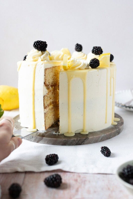 A slice into a Lemon Elderflower Cake