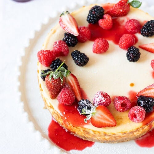 Top down shot of a fully decorated New York Cheesecake