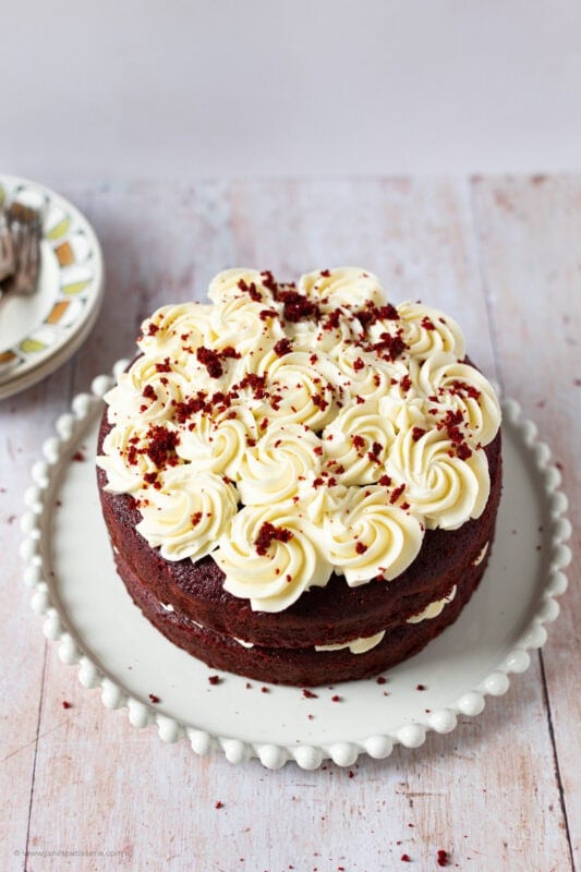 The top of a finished Red velvet cake